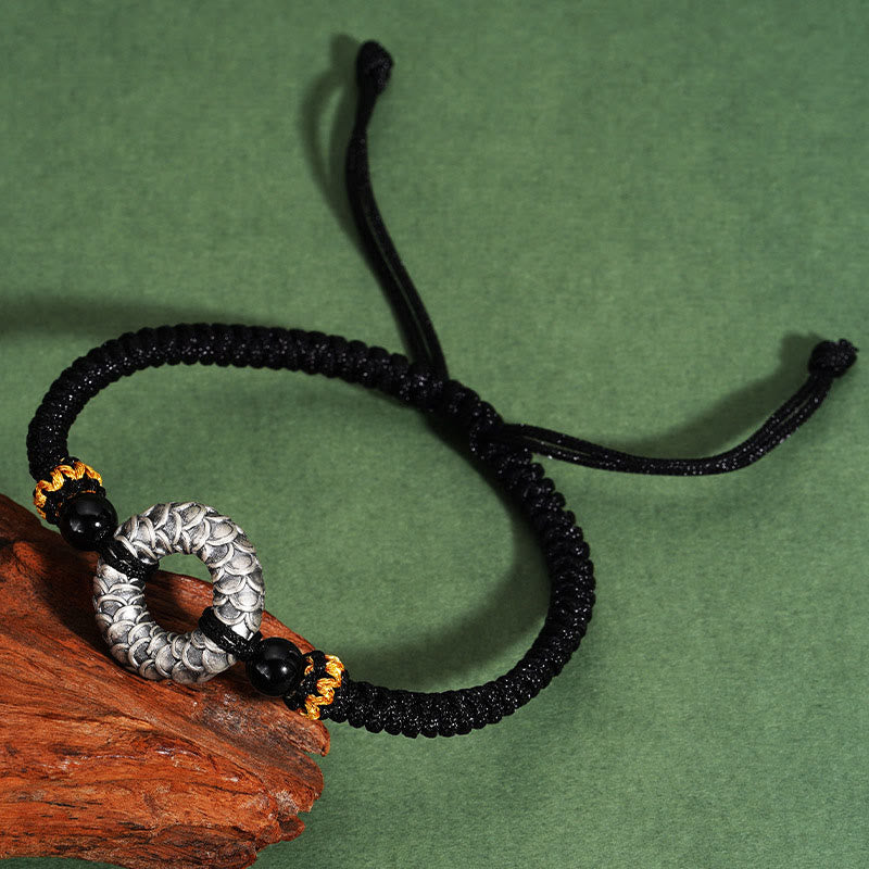 KarmaRipple's Handmade Black Onyx 999 Sterling Silver Peace Buckle Dragon Black String Fortune Woven Bracelet p3