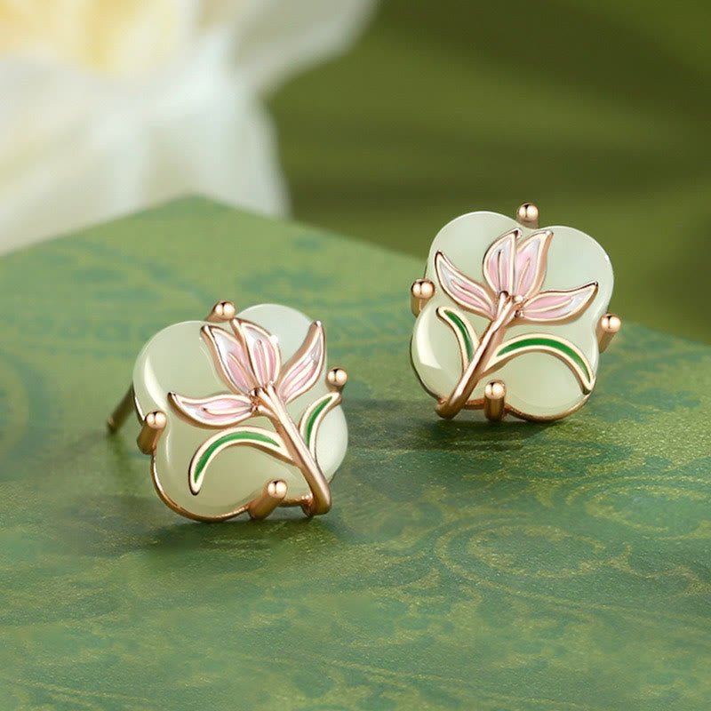 KarmaRipple's Hetian Jade Magnolia Chalcedony 925 Sterling Silver Butterfly Gourd Fortune Earrings p3