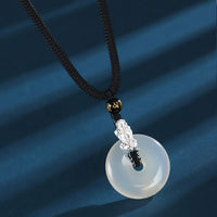 KarmaRipple's Ivory Agate 999 Sterling Silver Black Onyx Green Sandalwood Pi Xiu Peace Buckle Six True Words Pendant Necklace