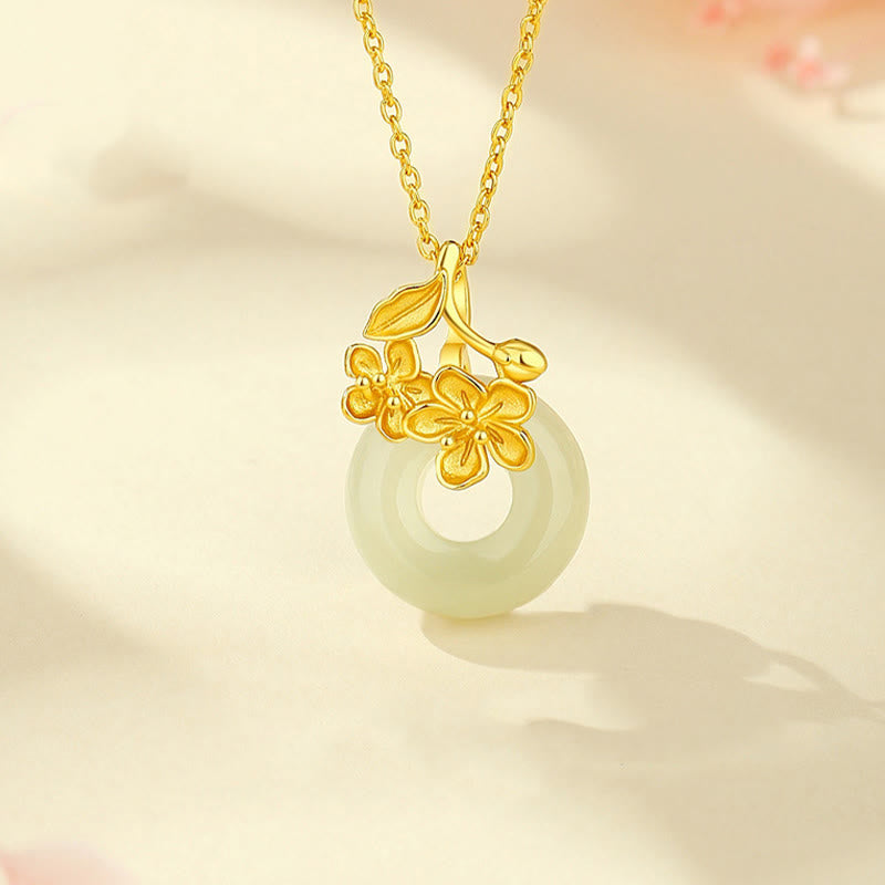 KarmaRipple's Hetian Jade 999 Sterling Silver Peace Buckle Peach Blossom Pendant Necklace p14
