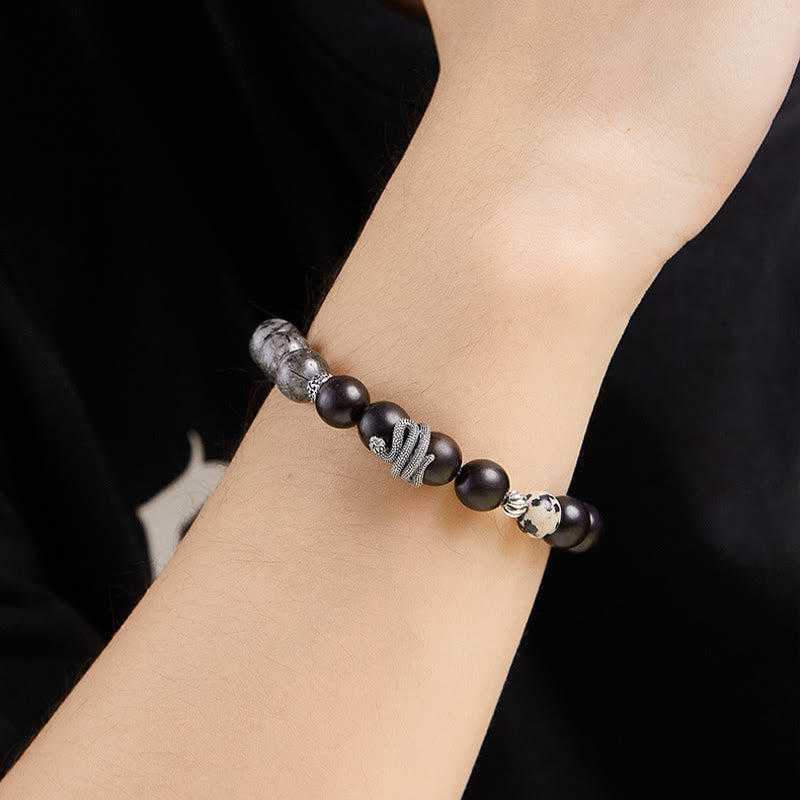 KarmaRipple's Ebony Wood Black Rutilated Quartz 925 Sterling Silver Year Of The Snake Balance Bracelet p12