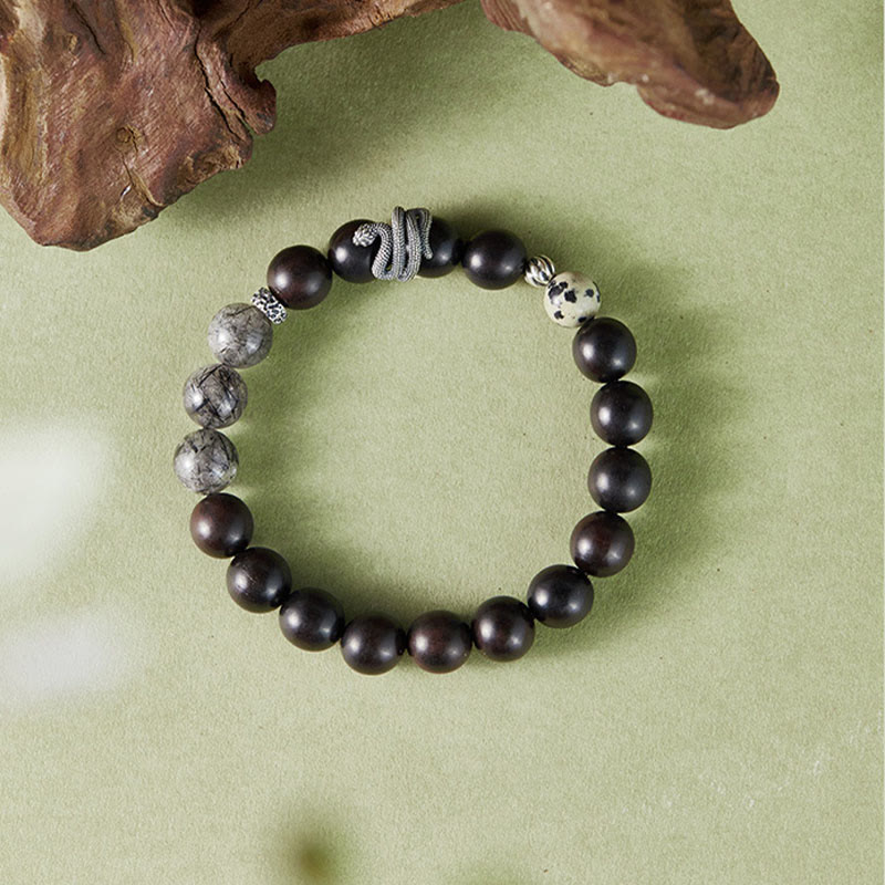 KarmaRipple's Ebony Wood Black Rutilated Quartz 925 Sterling Silver Year Of The Snake Balance Bracelet p9
