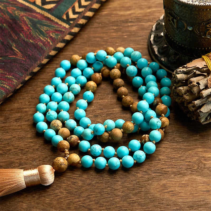 KarmaRipple's 108 Mala Beadwork Turquoise Picture Jasper Bead Tassel Balance Bracelet p10