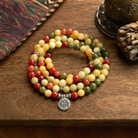 KarmaRipple's 108 Mala Beadwork Authentic Colored Stone Topaz Red Jasper Green Jasper Lotus Protection Bracelet