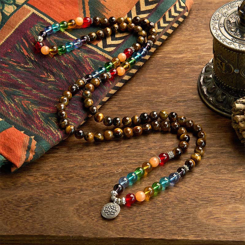 KarmaRipple's 108 Mala Beadwork Authentic Stone Tiger Eye Colored Beadwork Lotus Protection Bracelet p2