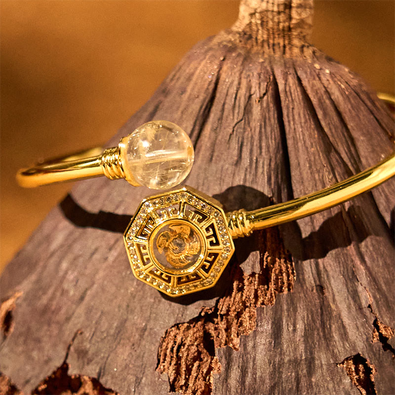 KarmaRipple's Rutilated Quartz Bronze Brass Rotatable Windmill Feng Sheng Shui Qi Courage Bracelet Bangle p4