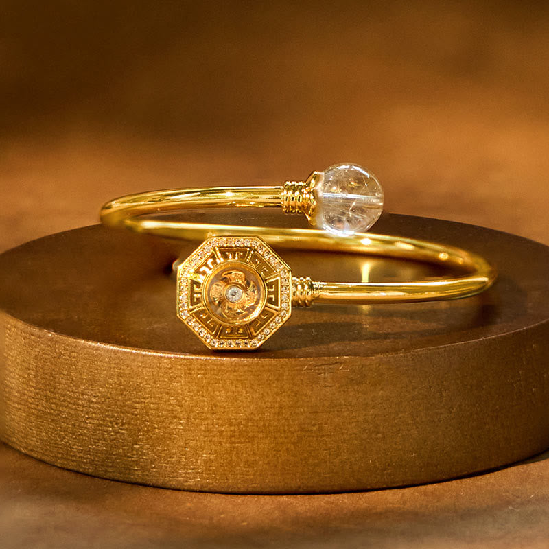 KarmaRipple's Rutilated Quartz Bronze Brass Rotatable Windmill Feng Sheng Shui Qi Courage Bracelet Bangle p1