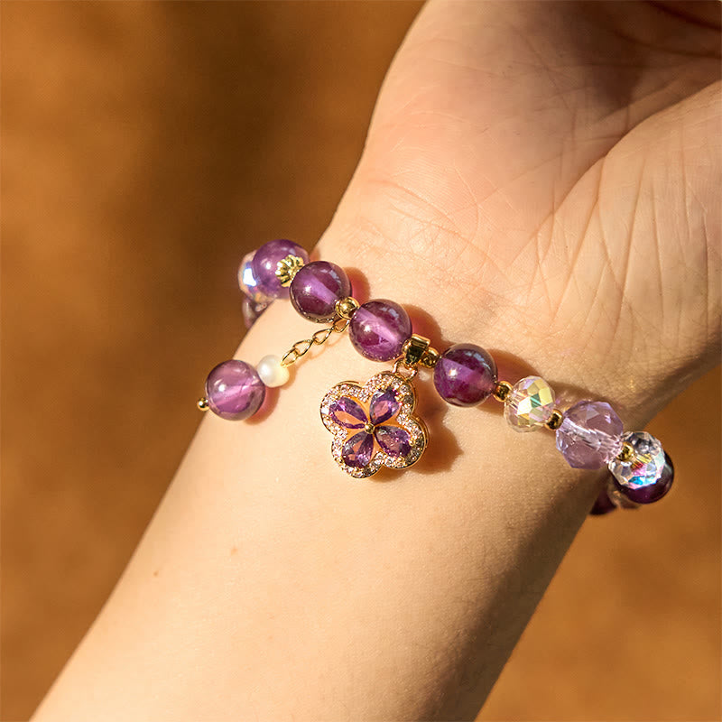 KarmaRipple's Authentic Amethyst Gemstone Four Leaf Clover Spiritual Balancing Bracelet p5