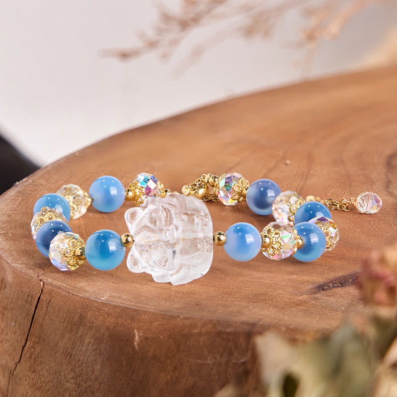 KarmaRipple's Authentic Blue Candy Agate Ivory Gemstone Nine Tailed Fox Balance Bracelet p1