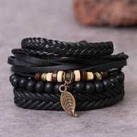 KarmaRipple's Leaf Multi-layer Twisted Leather Resin Beadwork Courage Bracelet Set