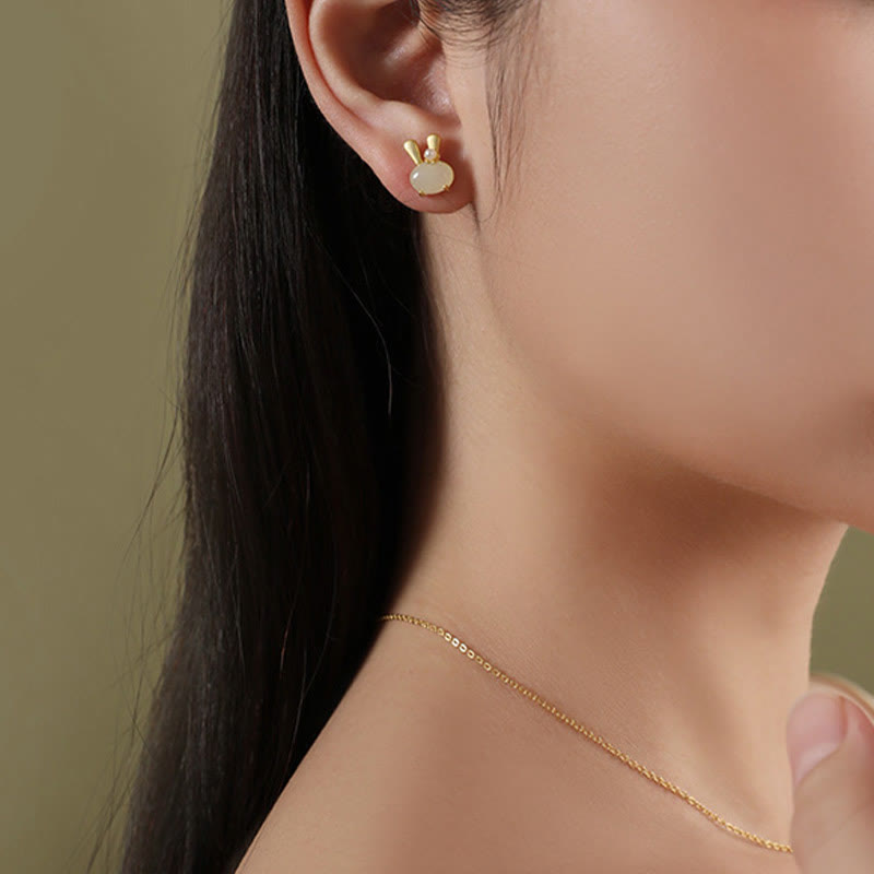 KarmaRipple's 925 Sterling Silver Authentic Hetian Jade Cute Rabbit Pearl Abundance Earrings p6