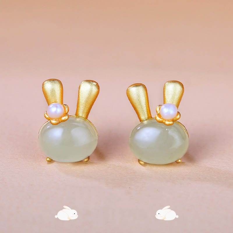 KarmaRipple's 925 Sterling Silver Authentic Hetian Jade Cute Rabbit Pearl Abundance Earrings p13