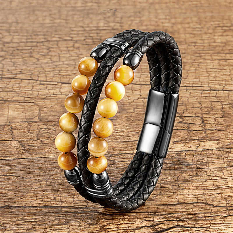 KarmaRipple's Tiger Eye Hematite Lava Rock Black Onyx Lazurite Beadwork Protection Strength Leather Bracelet p25