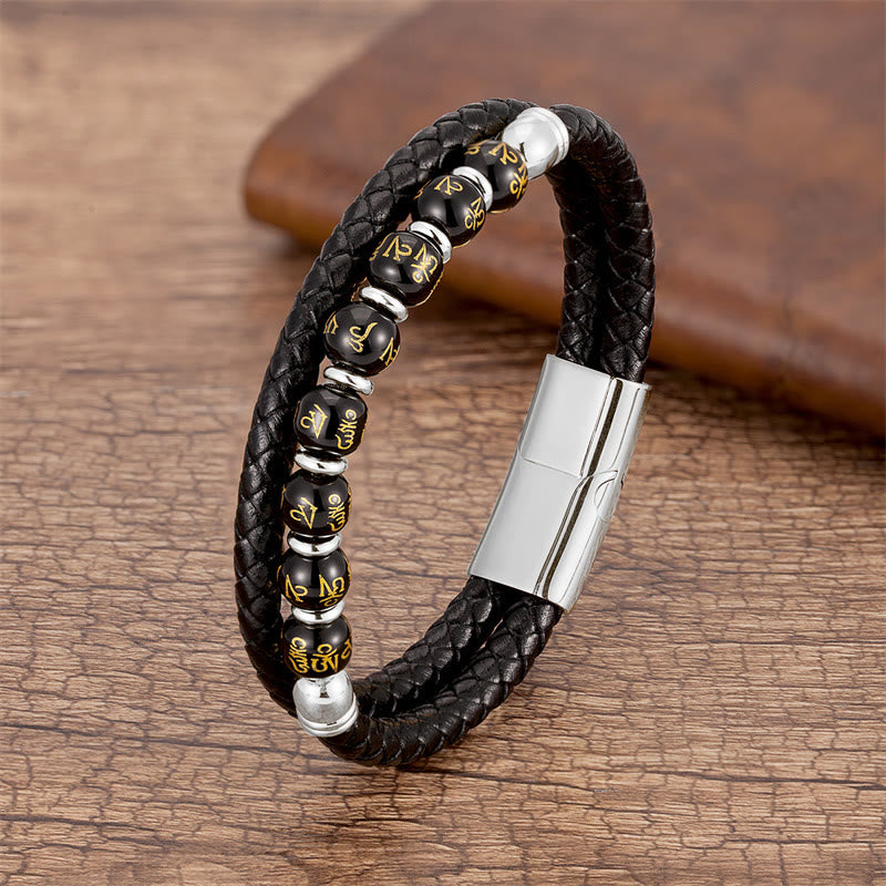 KarmaRipple's Black Onyx Turquoise Tiger Eye Red Agate Om Mani Padme Hum Strength Leather Bracelet p24