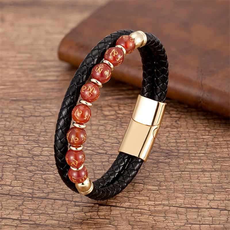 KarmaRipple's Black Onyx Turquoise Tiger Eye Red Agate Om Mani Padme Hum Strength Leather Bracelet p38
