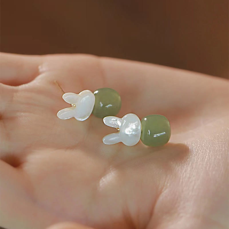 KarmaRipple's Tridacna Stone Cute Rabbit Hetian Jade Fortune Earrings p10