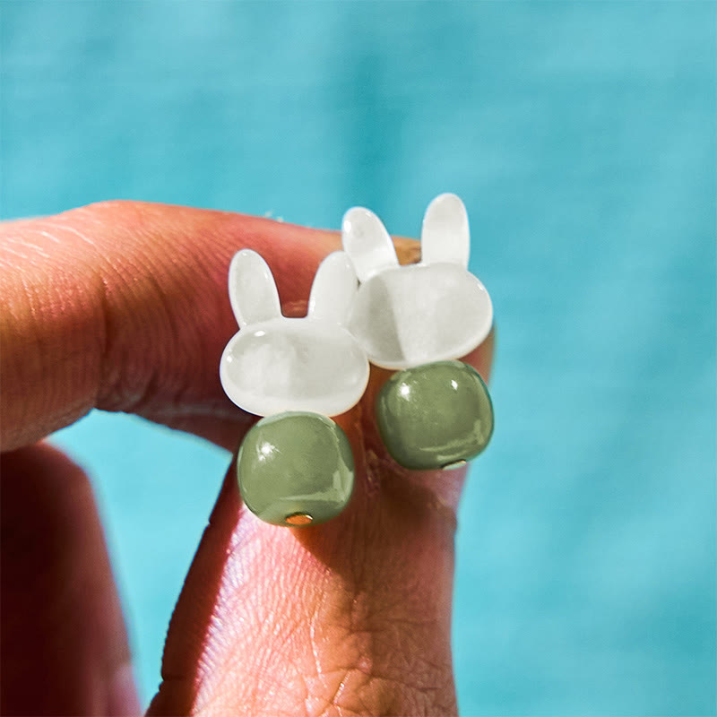 KarmaRipple's Tridacna Stone Cute Rabbit Hetian Jade Fortune Earrings p4