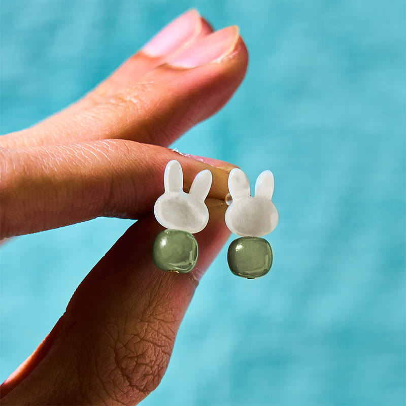 KarmaRipple's Tridacna Stone Cute Rabbit Hetian Jade Fortune Earrings p5
