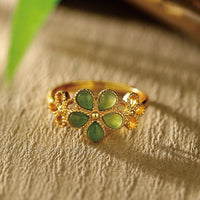 KarmaRipple's Authentic Hetian Jade 925 Sterling Silver Plated Gold Flower Adjustable Prosperity Ring