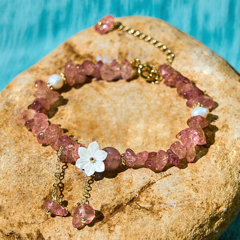 KarmaRipple's Authentic Strawberry Quartz Green Strawberry Quartz Super Seven Gemstone Flower Balancing Bracelet p20