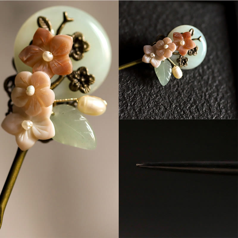 KarmaRipple's Bronze Jade Shell Flower Leaves Fortune Hairpin p9