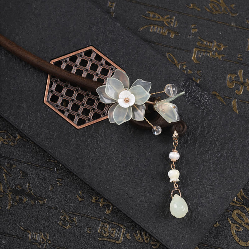 KarmaRipple's Ebony Jade Shell Magnolia Tassel Blessing Hairpin p5