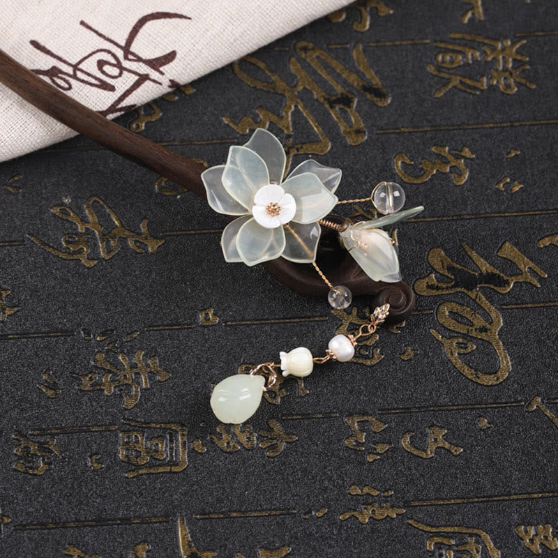 KarmaRipple's Ebony Jade Shell Magnolia Tassel Blessing Hairpin p11