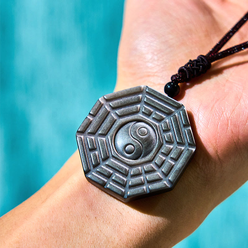 KarmaRipple's Silver Sheen Obsidian Bagua Yin Yang Symbol Protection Pendant Necklace p9