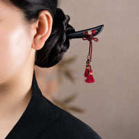 KarmaRipple's Ebony Red String Chinese Weave Tassel Protection Hairpin