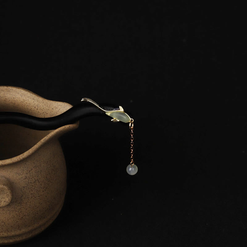 KarmaRipple's Ebony Hetian Jade Fish Blessing Hairpin p2