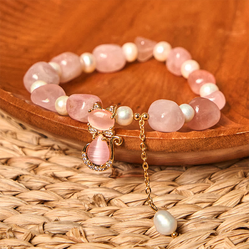 KarmaRipple's Authentic Strawberry Quartz Pearl Cat Positive Bracelet p2