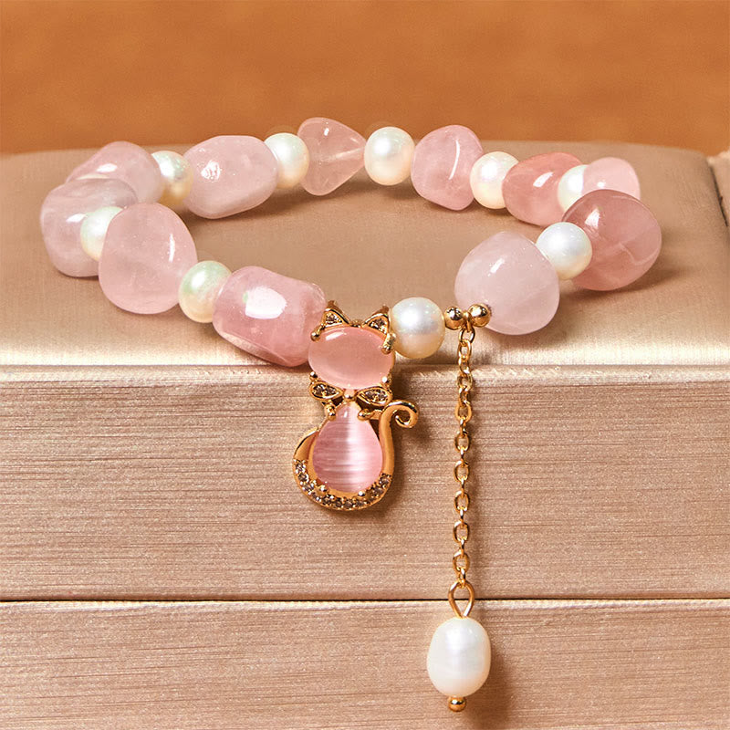 KarmaRipple's Authentic Strawberry Quartz Pearl Cat Positive Bracelet p1