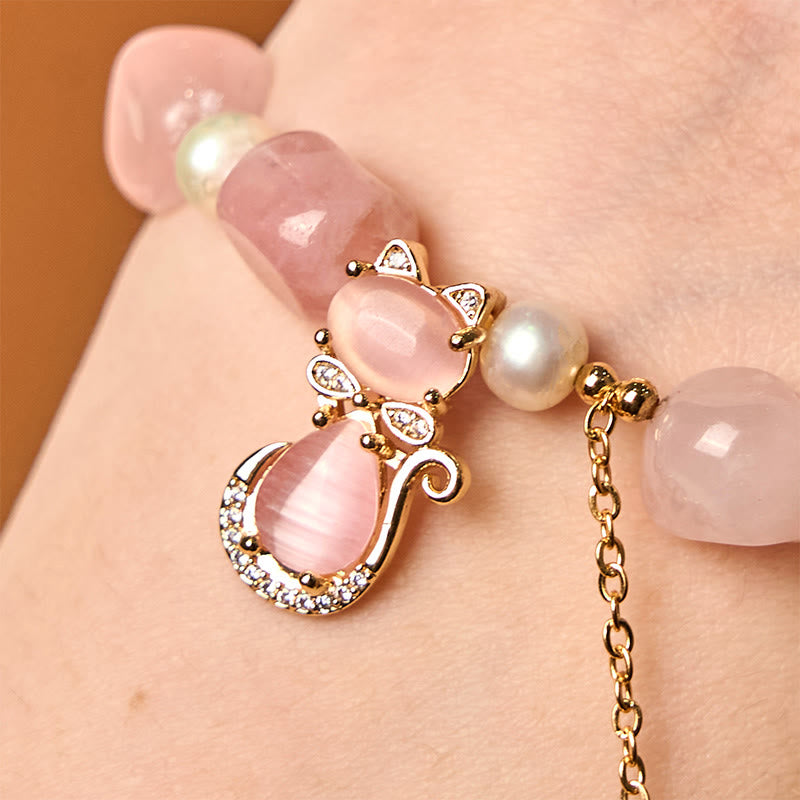 KarmaRipple's Authentic Strawberry Quartz Pearl Cat Positive Bracelet p3