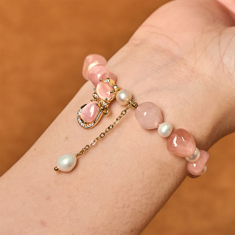 KarmaRipple's Authentic Strawberry Quartz Pearl Cat Positive Bracelet p4