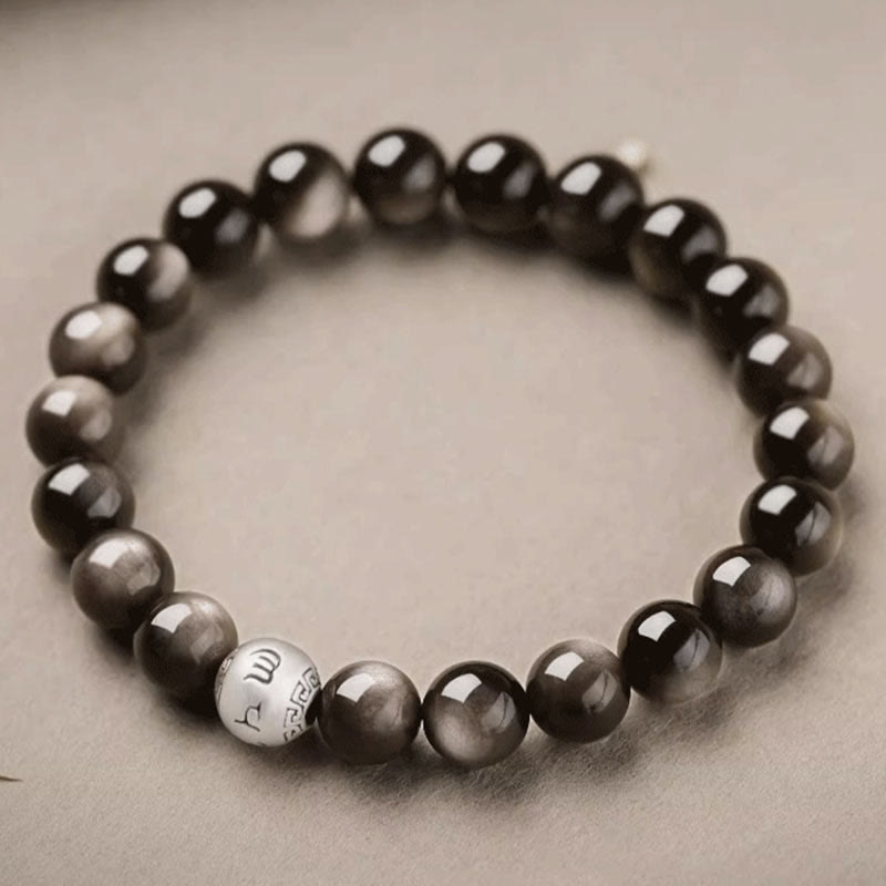 KarmaRipple's Authentic Silver Sheen Obsidian Om Mani Padme Hum Protection Bracelet p6