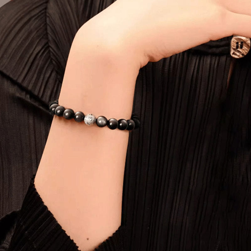 KarmaRipple's Authentic Silver Sheen Obsidian Om Mani Padme Hum Protection Bracelet p7