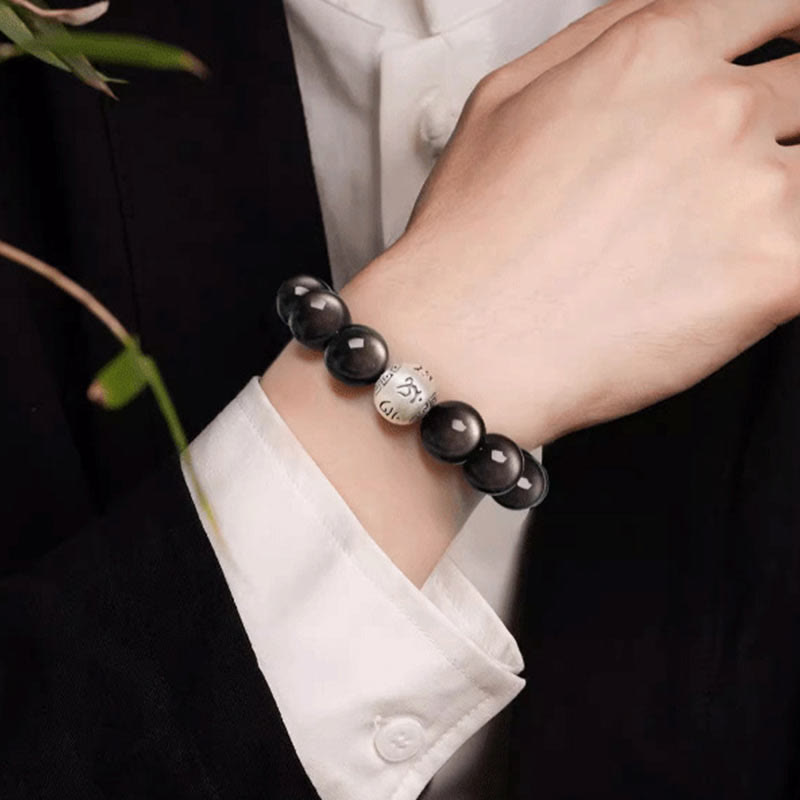 KarmaRipple's Authentic Silver Sheen Obsidian Om Mani Padme Hum Protection Bracelet p12