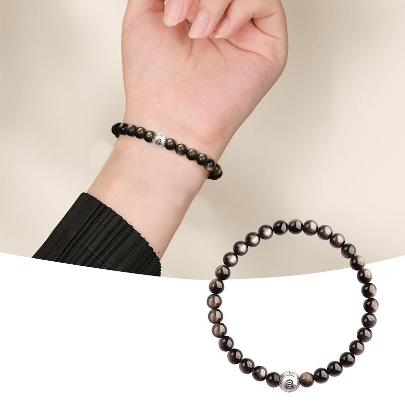 KarmaRipple's Authentic Silver Sheen Obsidian Om Mani Padme Hum Protection Bracelet p5