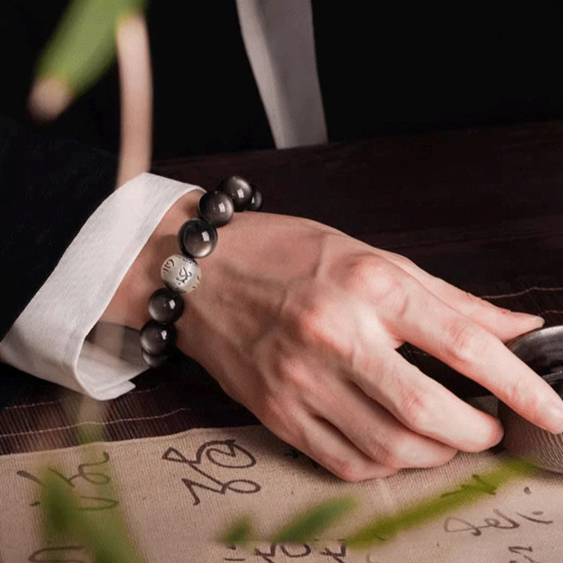 KarmaRipple's Authentic Silver Sheen Obsidian Om Mani Padme Hum Protection Bracelet p13