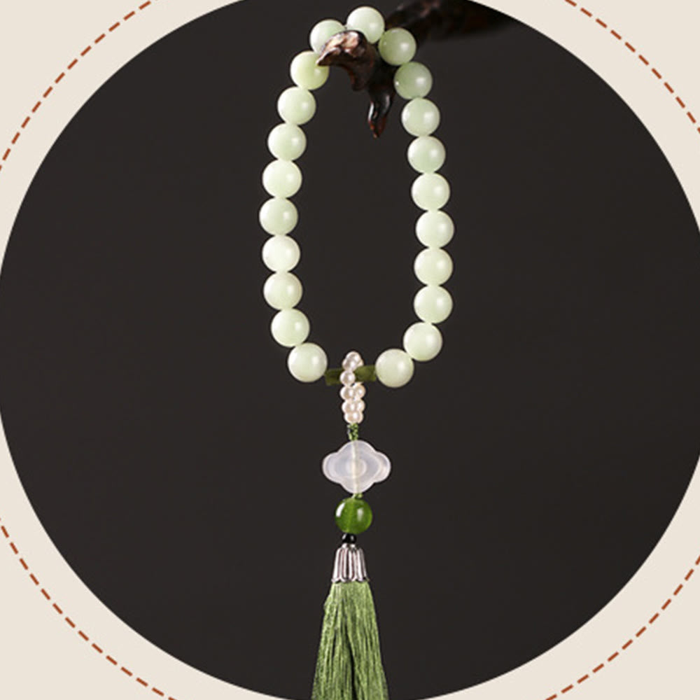 KarmaRipple's Green Jade Beadwork Pearl Prosperity Tassels Wrist Mala p14