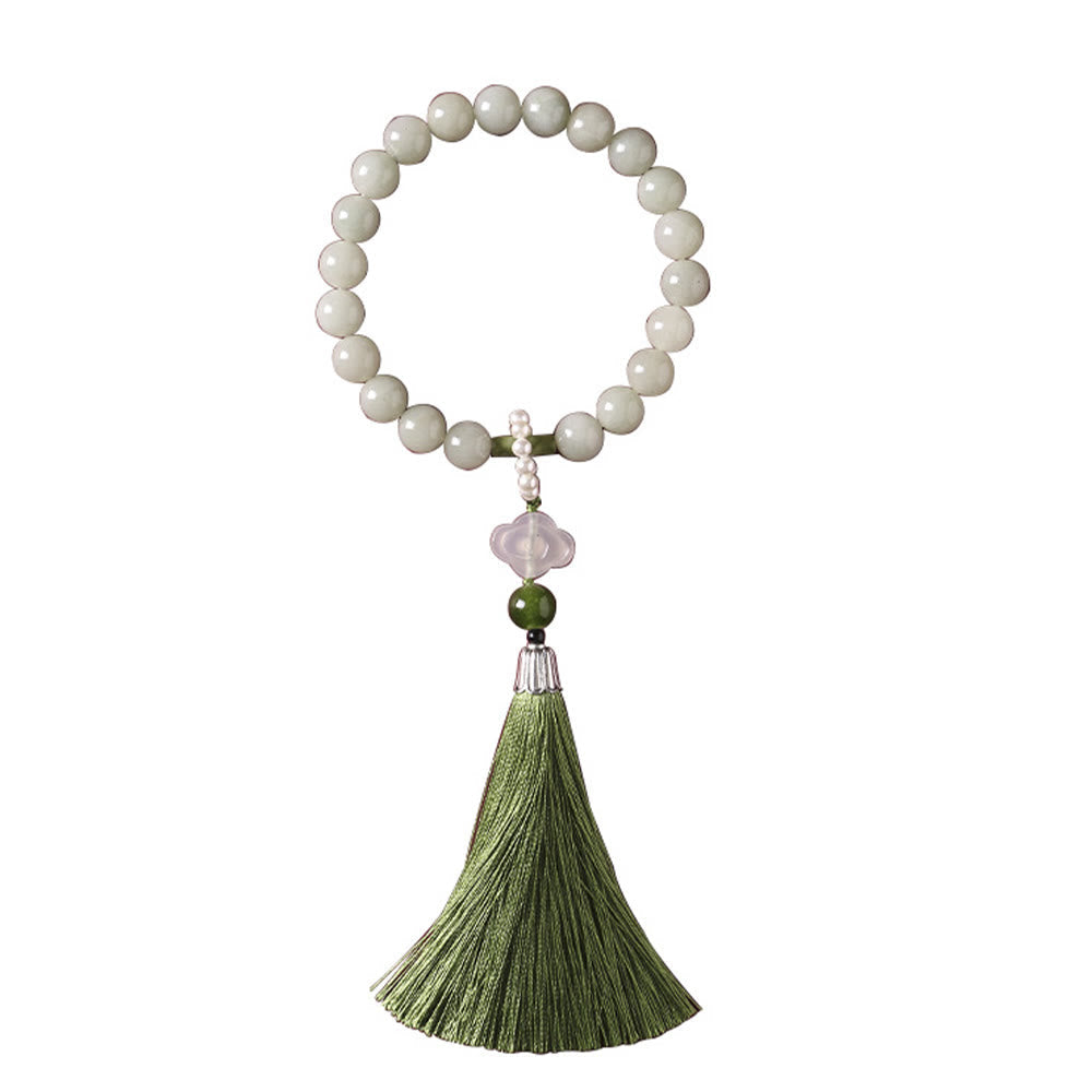 KarmaRipple's Green Jade Beadwork Pearl Prosperity Tassels Wrist Mala p15