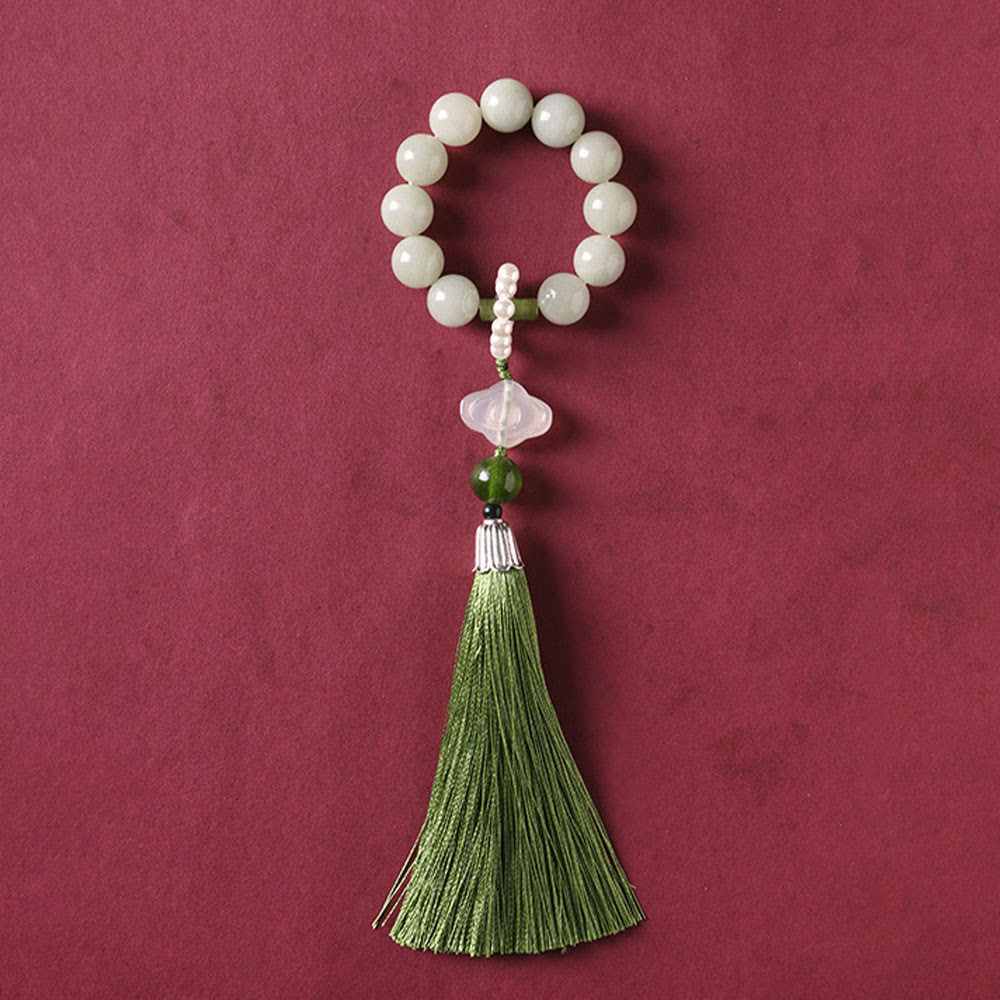 KarmaRipple's Green Jade Beadwork Pearl Prosperity Tassels Wrist Mala p6