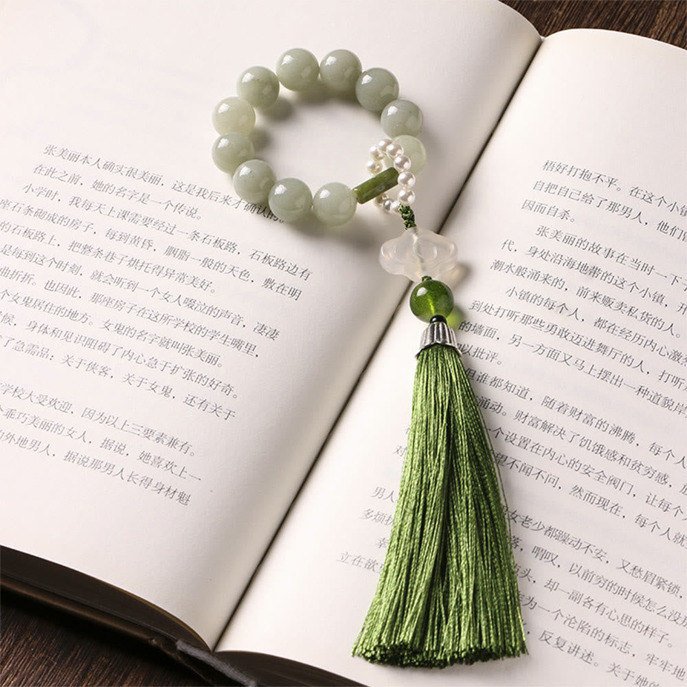 KarmaRipple's Green Jade Beadwork Pearl Prosperity Tassels Wrist Mala p3