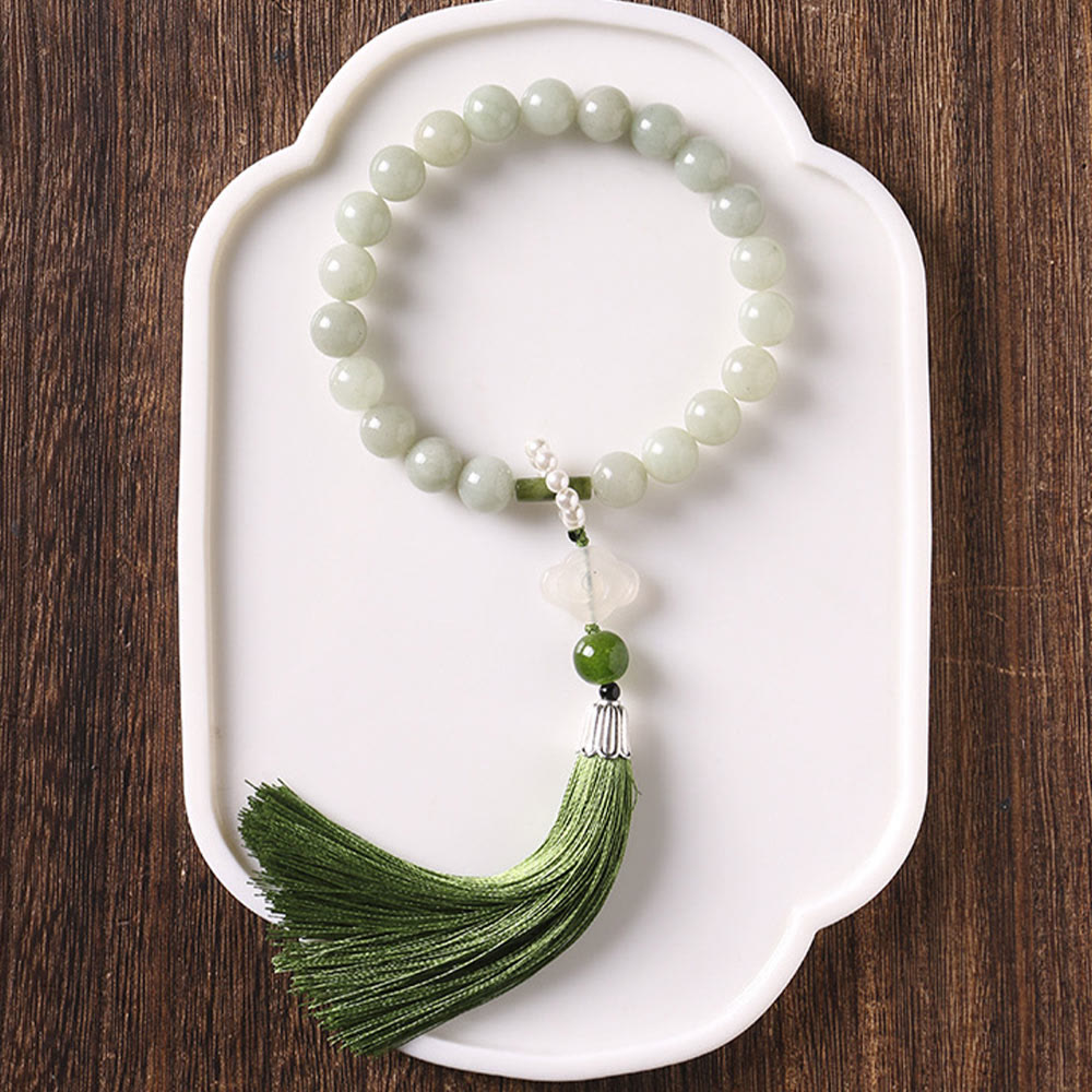 KarmaRipple's Green Jade Beadwork Pearl Prosperity Tassels Wrist Mala p8