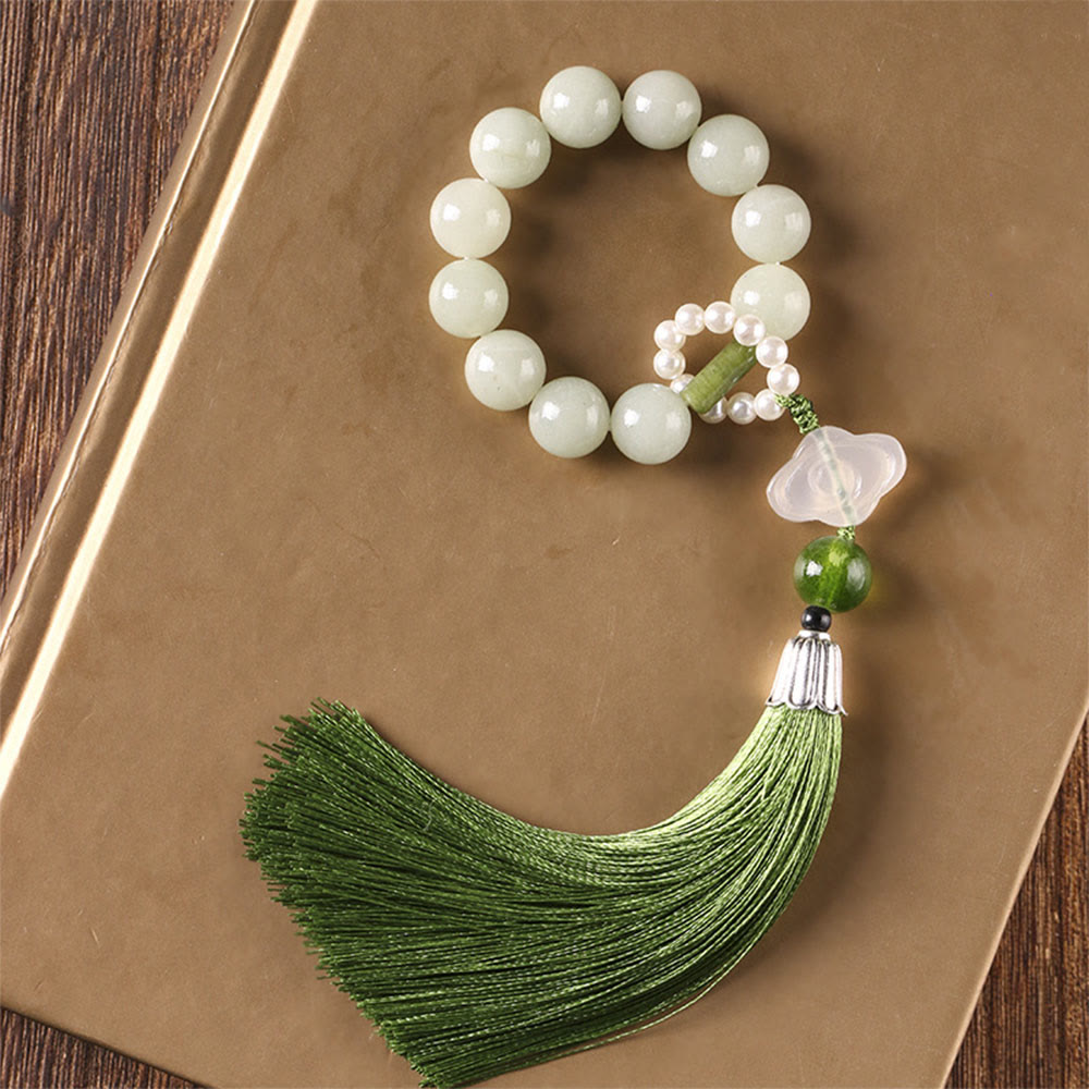 KarmaRipple's Green Jade Beadwork Pearl Prosperity Tassels Wrist Mala p16