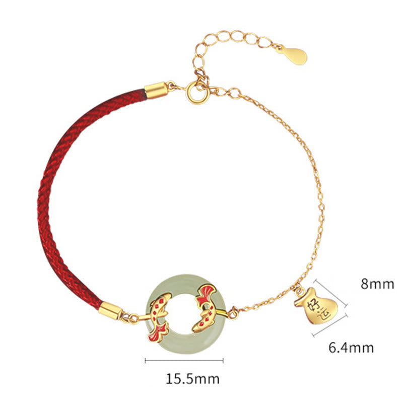 KarmaRipple's 999 Sterling Silver Hetian Ivory Jade Double Koi Fish Peace Buckle Fortunate Talisman Wealth Bracelet p9