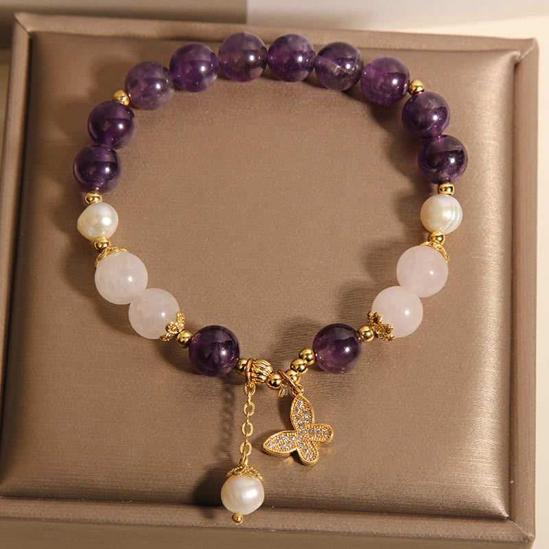 KarmaRipple's Authentic Amethyst Pearl Gemstone Spiritual Balancing Butterfly Talisman Bracelet p2