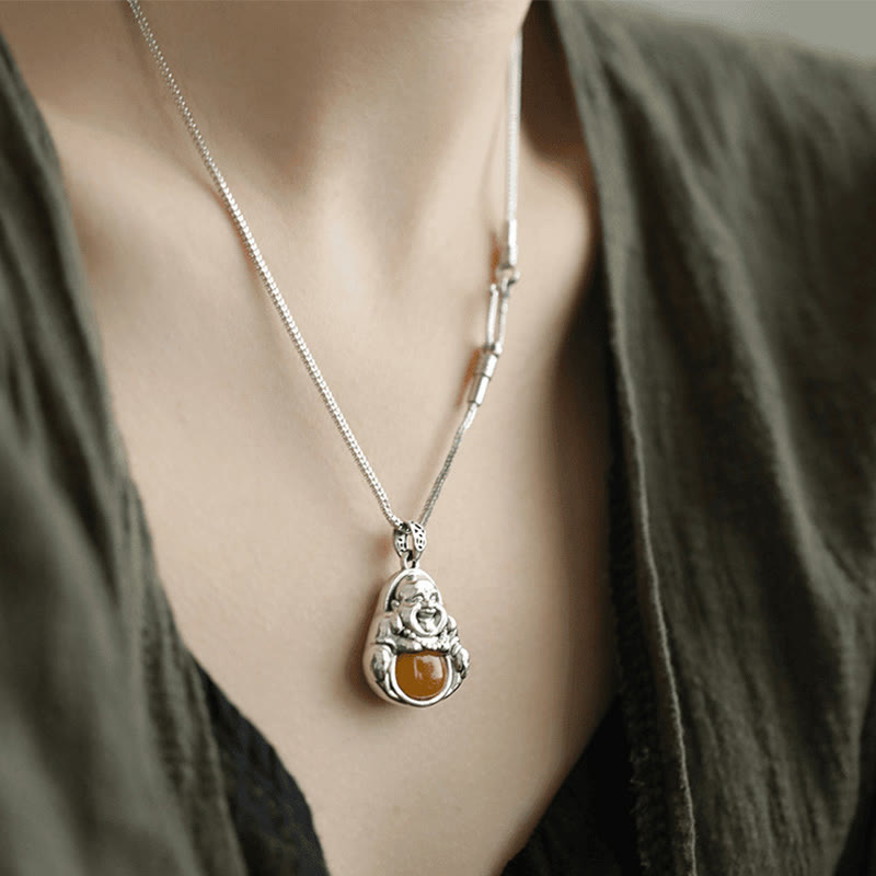 KarmaRipple's Bronze Laughing Buddha Pattern Amber Fortune Pendant Necklace p4