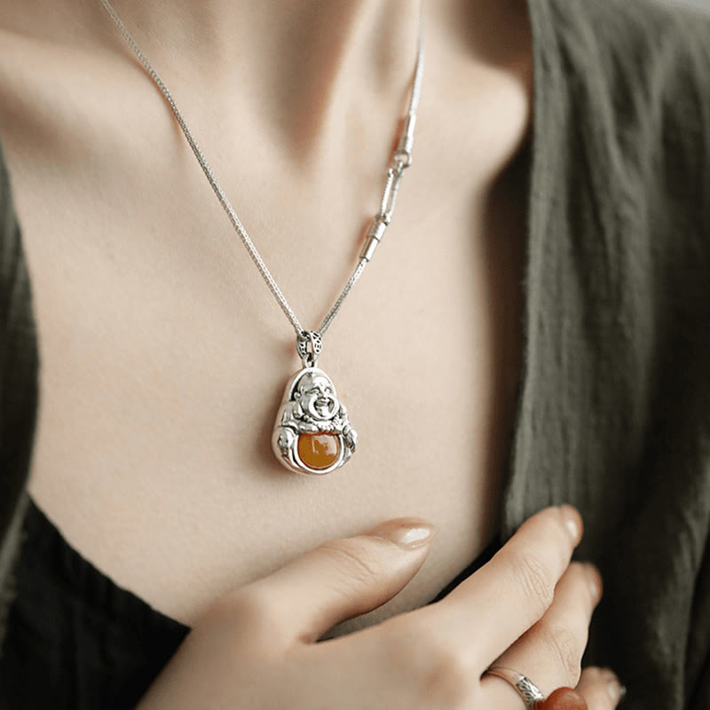 KarmaRipple's Bronze Laughing Buddha Pattern Amber Fortune Pendant Necklace p5