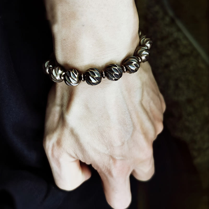 KarmaRipple's Vintage Distressed Knife Carving Pattern Bronze Brass Beadwork Wealth Bracelet p5